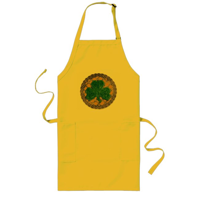Shamrock, lattice och keltiska knop på Guld Apron Långt Förkläde (Framsidan)