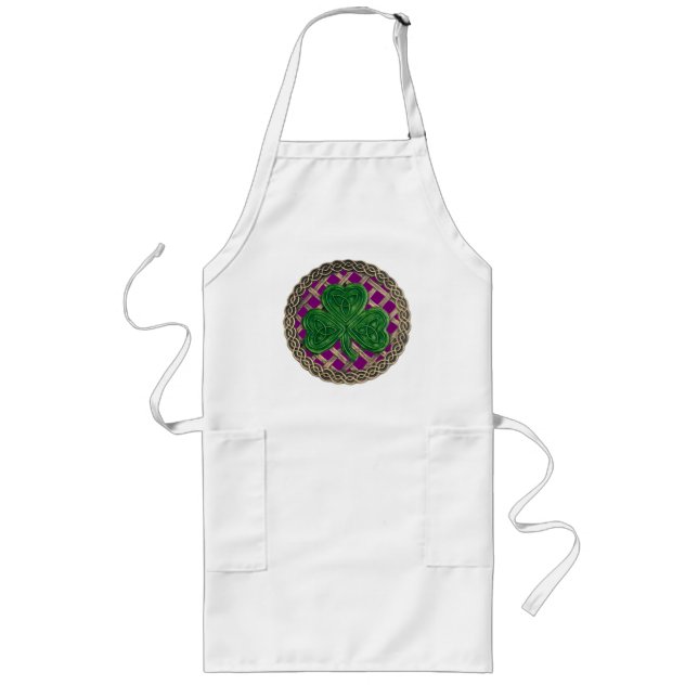 Shamrock, lattice och keltiska knop på Lila Apron Långt Förkläde (Framsidan)
