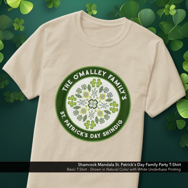 Shamrock Mandala St. Patrick's Day Family Party T Shirt (Shamrock, Clover, and Floral Mandala St. Patrick's Day Party T-Shirt - Personalize the Name and Text)