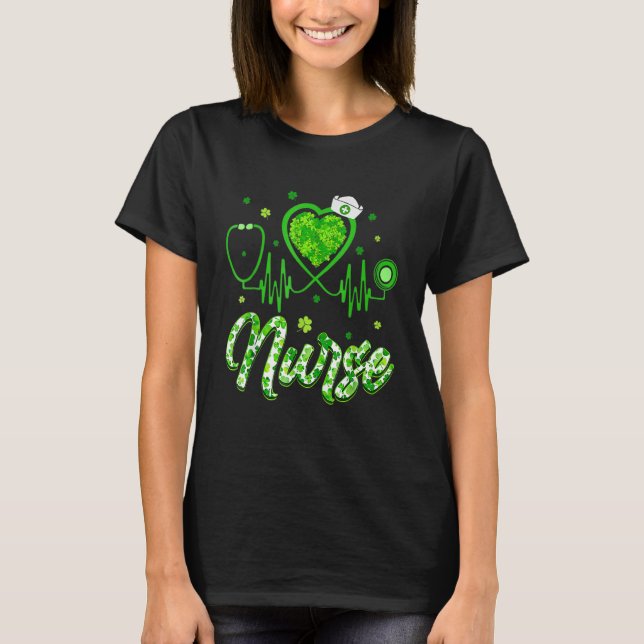 Shamrock Nurse Stethoscope Heartbeat Happy Saint P T Shirt (Framsida)