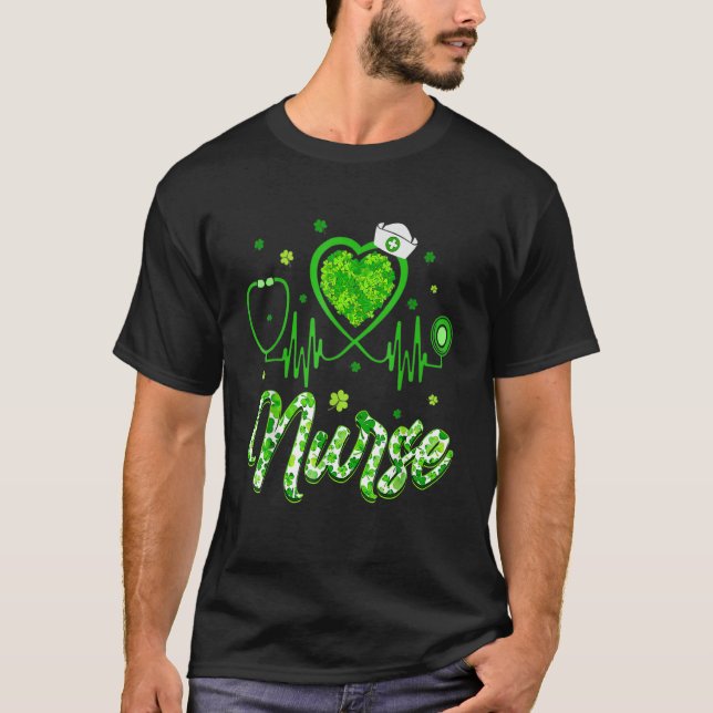 Shamrock Nurse Stethoscope Heartbeat Happy Saint P T Shirt (Framsida)