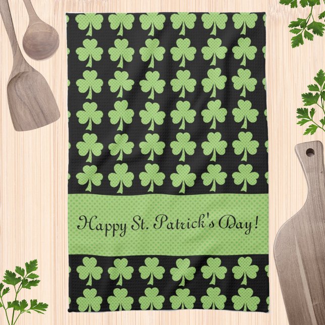 Shamrock Polka dot St Patrick Day Din text svart Kökshandduk (Skapare uppladdad)