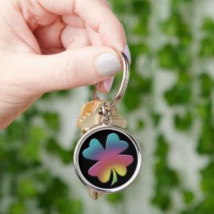 Shamrock Rainbow på Black Rund Silverfärgad Nyckelring