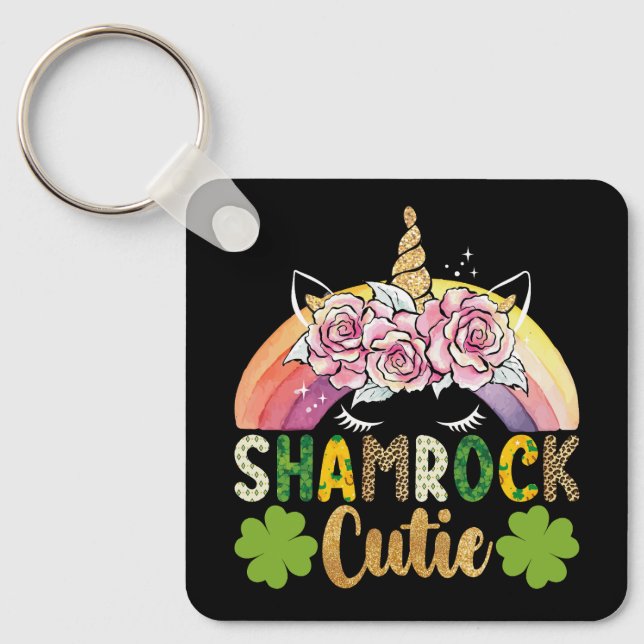 Shamrock Söt Enhörning Regnbåge St Patricks Dag Nyckelring (Framsida)