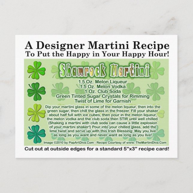 Shamrock St. Patrick's Day Martini Recipe Card Vykort (Framsida)