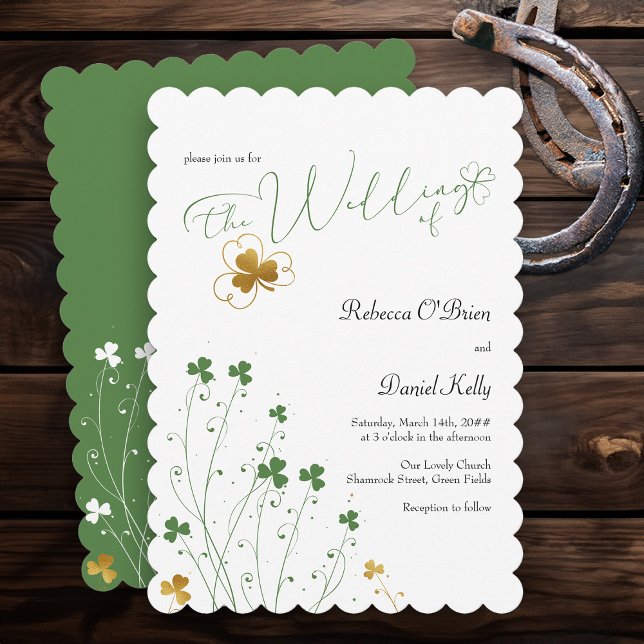 Shamrock Wildblomma Grönt och Guld Bröllop Inbjudningar (Elegant Wedding Invitation from my Shamrock Wildflower wedding collection)