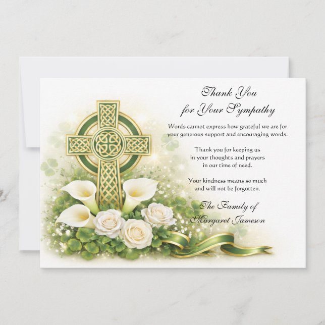 Shamrocks Catholic Irish Celtic Cross Condolence  Tack Kort (Framsida)