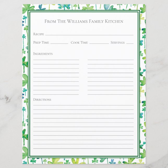 Shamrocks Green White Recipe Paper Sheet (Framsida)