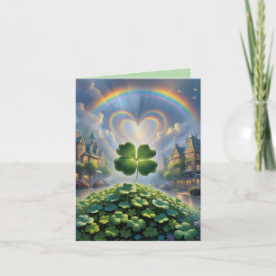 Shamrocks i en by med regnbåge i himmel helgkort