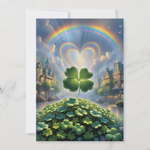 Shamrocks i en by med regnbåge i himmel julkort