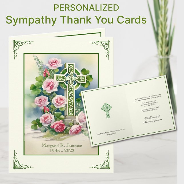Shamrocks Irish Celtic Kor Rosa ros Condolence Tack Kort (Celtic Irish Cross with pink roses Sympathy Condolence Thank You Cards)