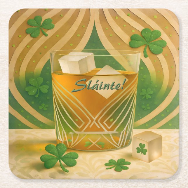 Shamrocks Irish Whiskey Tumbler "Sláinte!" Underlägg Papper Kvadrat (Framsidan)