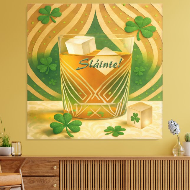 Shamrocks Irländsk Whiskey Tumbler "Sláinte!" Canvastryck (Insitu (Vardagsrum))