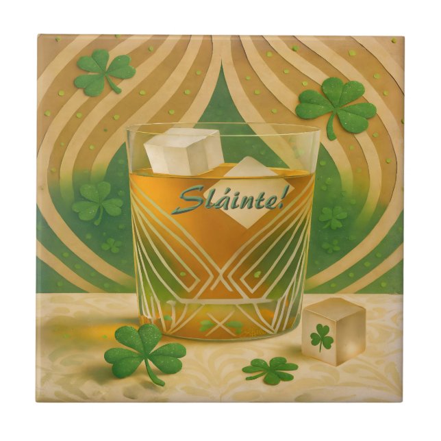 Shamrocks Irländsk Whiskey Tumbler "Sláinte!" Kakelplatta (Framsidan)
