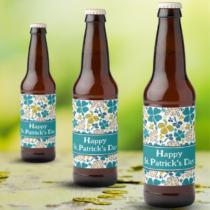 Shamrocks Klöver Grönt St. Patrick's Day Mönster Ölflaska Etikett