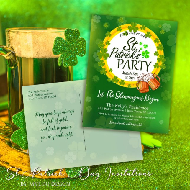Shamrocks och Beer St. Patrick's Day-inbjudan Inbjudan Vykort (Skapare uppladdad)