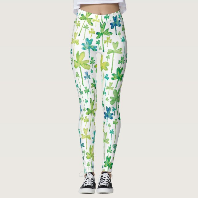Shamrocks St. Patrick's Day Gröna Vita Leggings (Framsida)