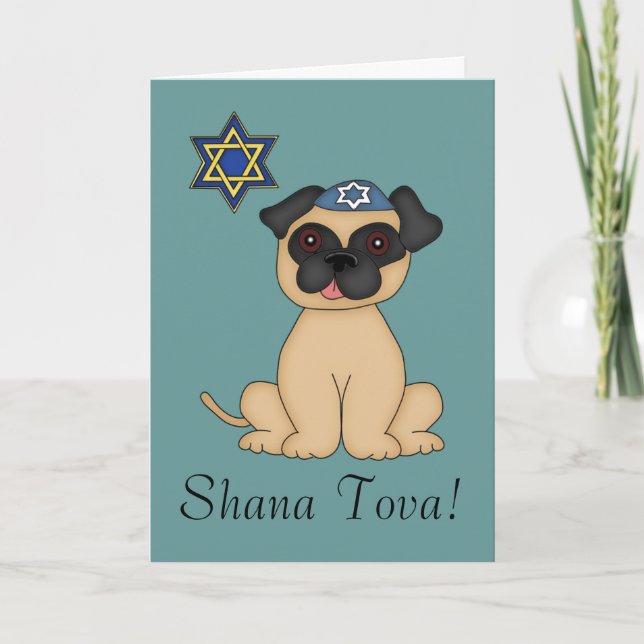 Shana Tova-Cute Jewish Pug Hund Helgkort (Framsida)