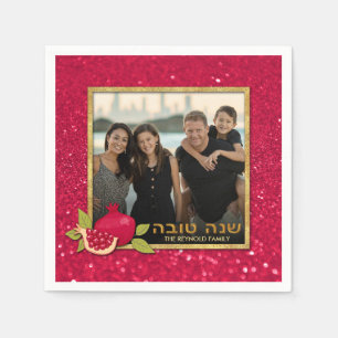 Shana Tova Guld Red Glitter Photo Pomegranate Pappersservett