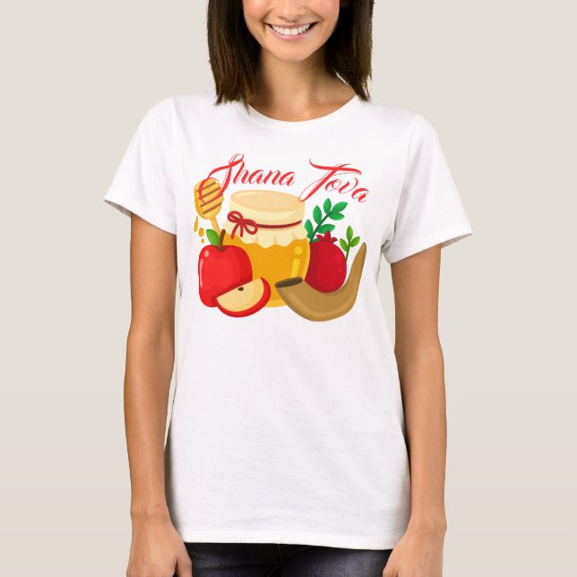 Shana Tova med äpplen, honung, granat T Shirt (Framsida)