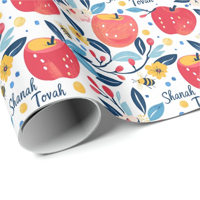 Shana Tova med äpplen och bin Presentpapper (Rullad Hörn)