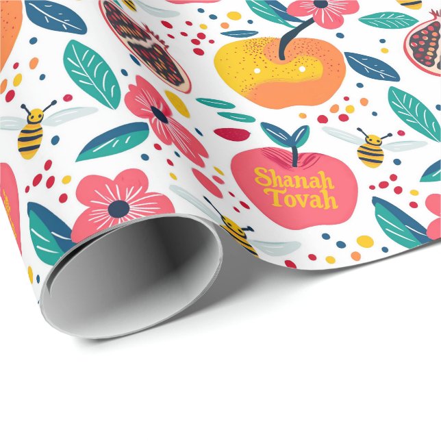 Shana Tova med äpplen och bin Presentpapper (Rullad Hörn)