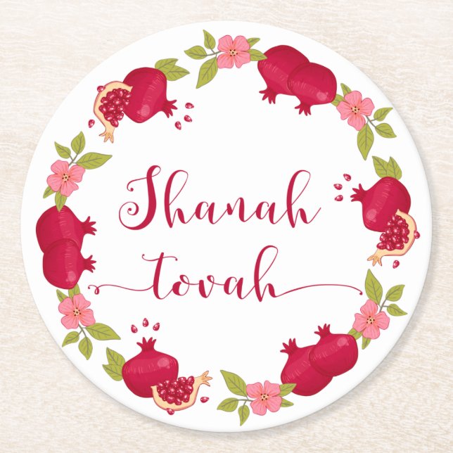 Shanah Tovah New Year Pomegranate Flower Wandan Underlägg Papper Rund (Framsidan)