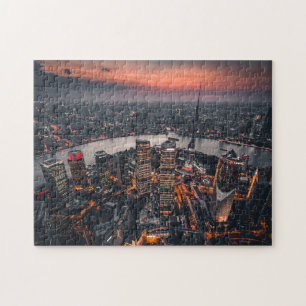 Shanghai China Asia Landmark Skyline Natt Pussel