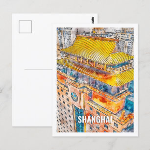 Shanghai China Berömd Travel Ställe Watercolor Vykort