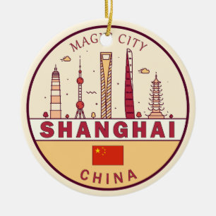 Shanghai China City Skyline Emblem Julgransprydnad Keramik