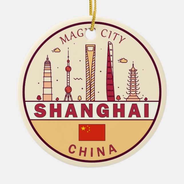 Shanghai China City Skyline Emblem Julgransprydnad Keramik (Framsidan)