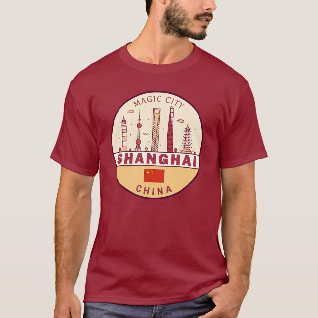Shanghai China City Skyline Emblem T Shirt (Framsida)