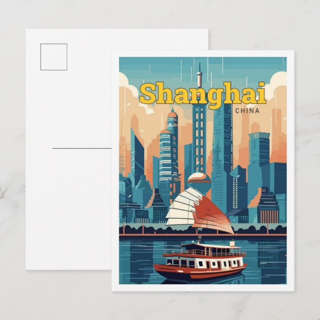 Shanghai China Travel Art Vintage Illustration Vykort (Fram/baksida)