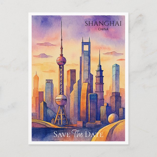 Shanghai Kina Akvarell Save the Date Postkort Vykort (Framsida)