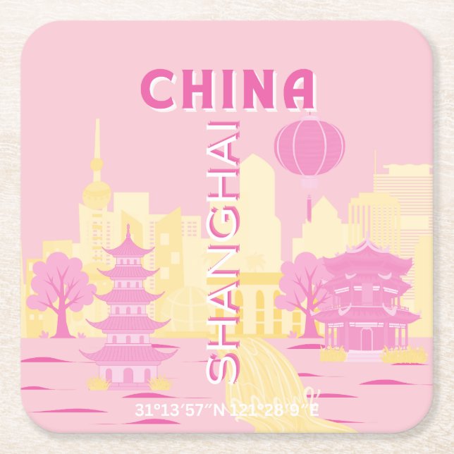 Shanghai Kina Resa Rosa Affisch Underlägg Papper Kvadrat (Framsidan)