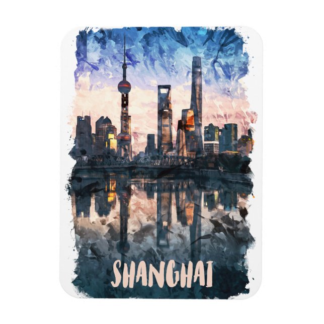 Shanghai Kina Silhuett Vattenfärg Konsttryck Magnet (Vertikal)
