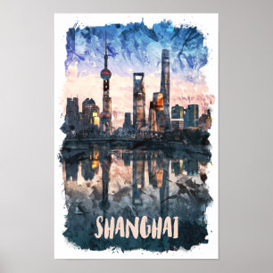 Shanghai Kina Silhuett Vattenfärg Konsttryck Poster