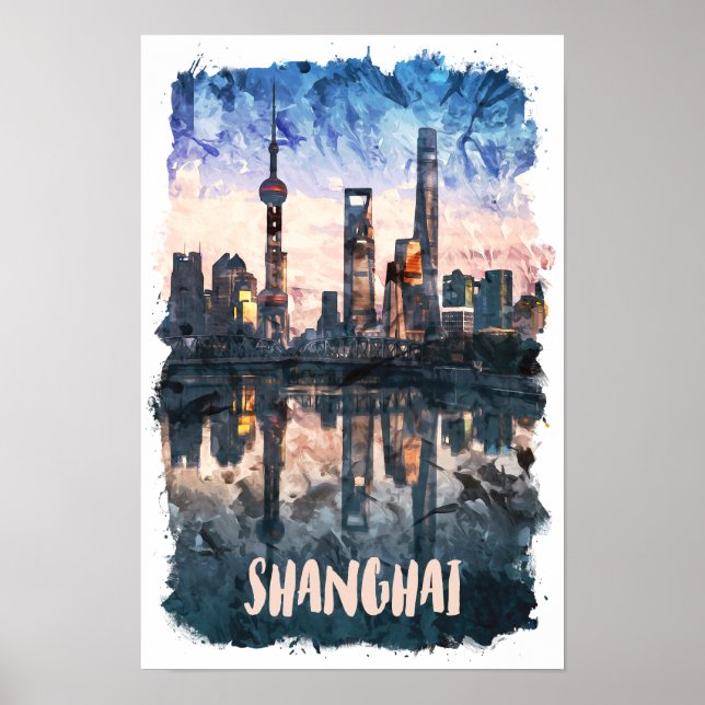 Shanghai Kina Silhuett Vattenfärg Konsttryck Poster (Framsidan)