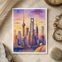 Shanghai Siluett Kina Resa Akvarell
