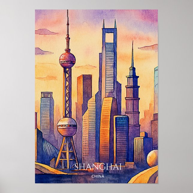 Shanghai Siluett Kina Resa Akvarell  Poster (Framsidan)