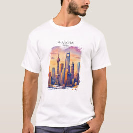 Shanghai Siluett Kina Resa Akvarell  T Shirt