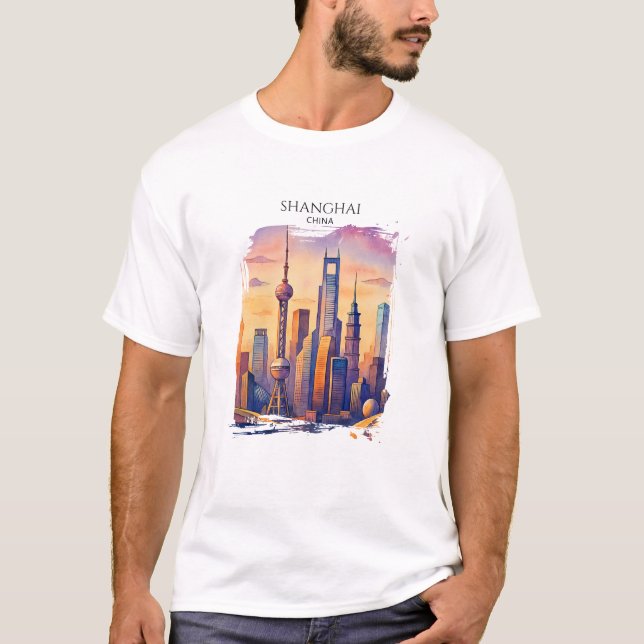 Shanghai Siluett Kina Resa Akvarell  T Shirt (Framsida)