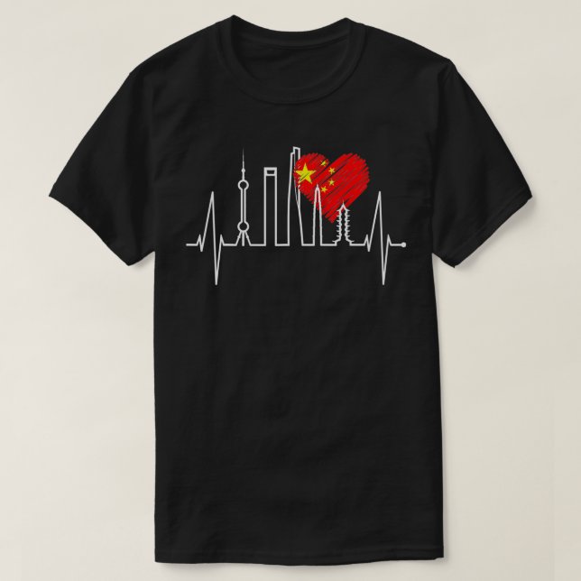 Shanghai Skyline Heartbeat Heart China Asia I Love T Shirt (Design framsida)