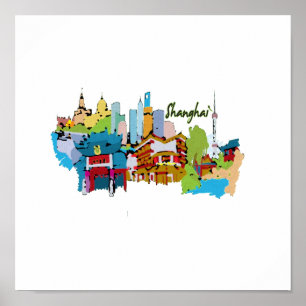 shanghai stad watercolored dämpade färger poster