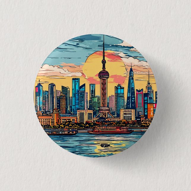 Shanghai stads strandlinje siluett vid solnedgång knapp (Framsida)