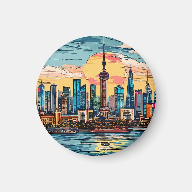 Shanghai stads strandlinje Siluett vid solnedgång Magnet (Framsidan)