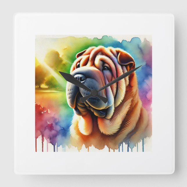 Shar Pei Elegance 280824AREF102 - Watercolor Fyrkantig Klocka (Framsida)