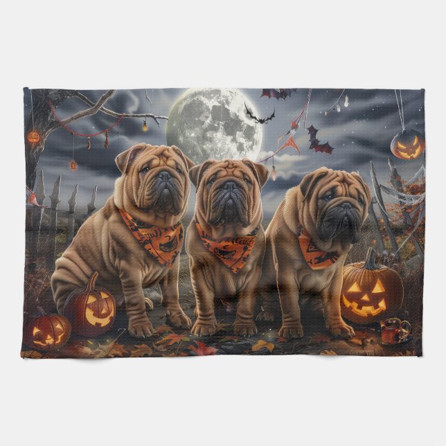 Shar Pei Halloween Spooky Kökshandduk (Horisontell)
