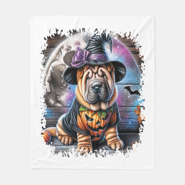 Shar Pei Hund Halloween Square Fleecefilt (Framsidan)