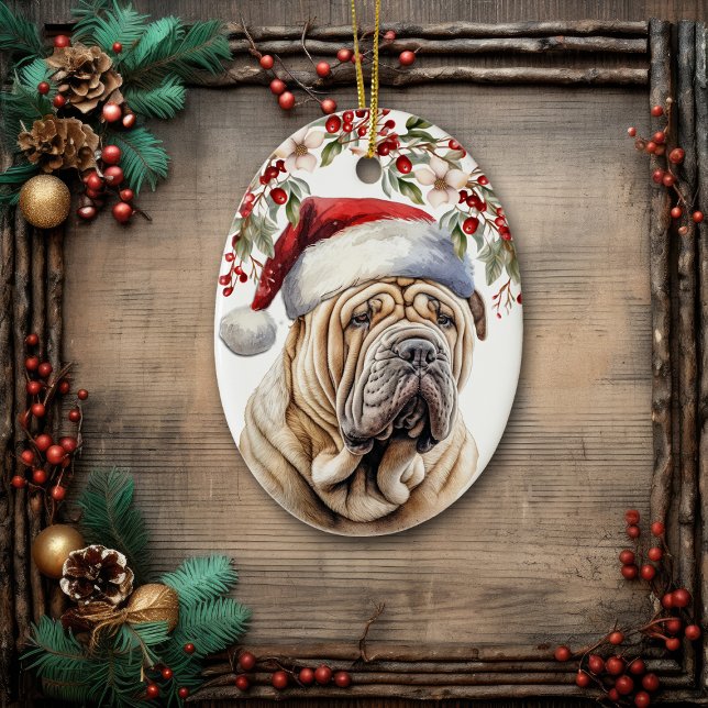 Shar-Pei Hund Holly Berry jul Julgransprydnad Keramik (Skapare uppladdad)